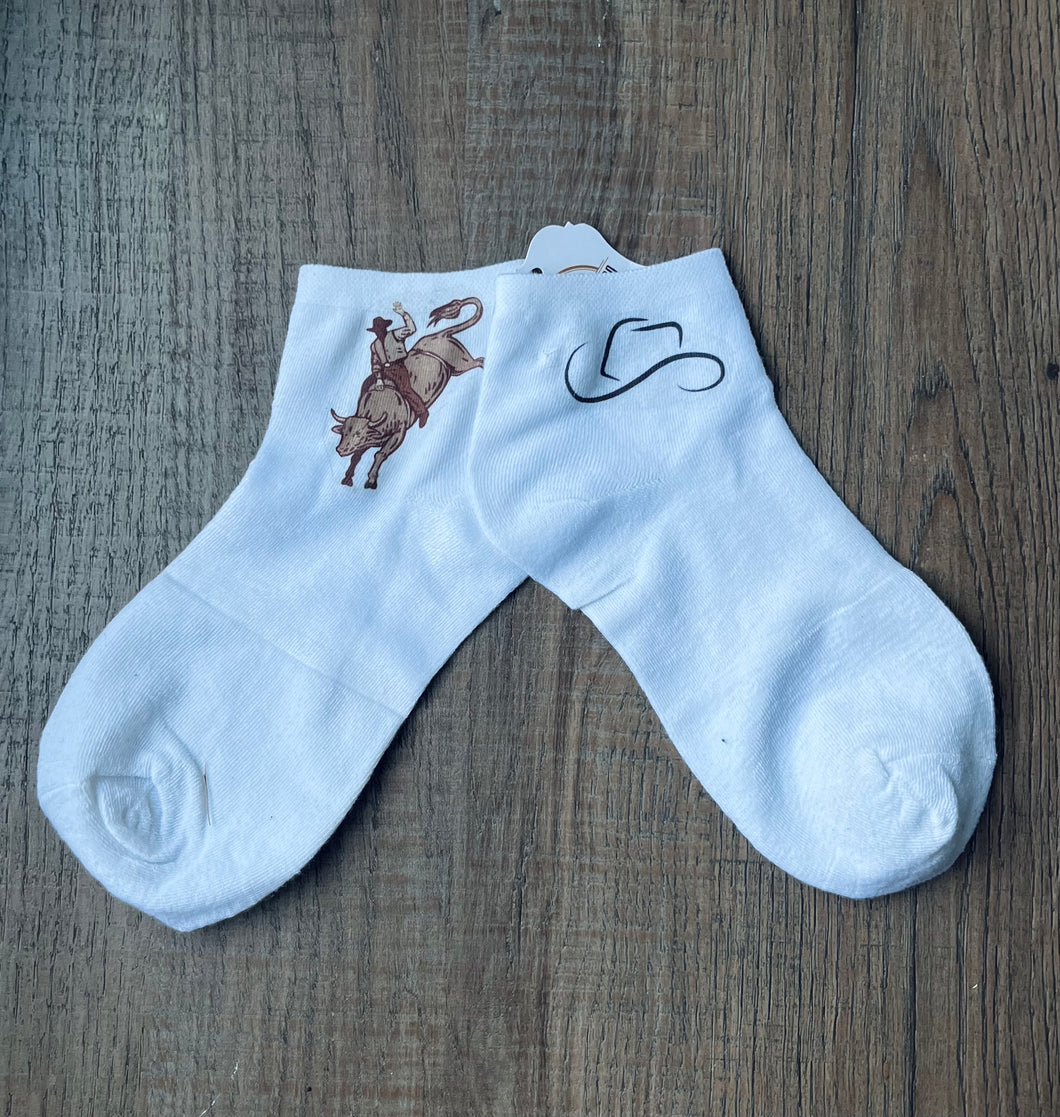 Bucking Bull & Cowboy Hat Ankle Socks- universal sizing