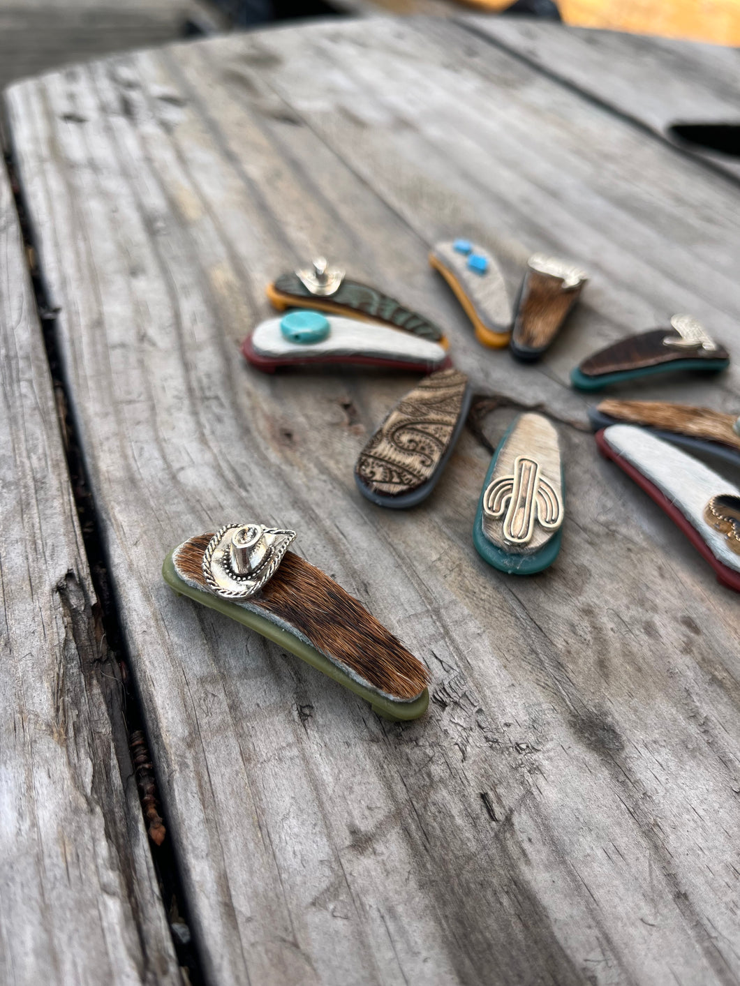 Raw Hide Green Barrette - Cowboy Hat