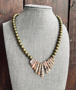 Genuine Copper Bead Necklace with Leopardskin Jasper Stone - 15”