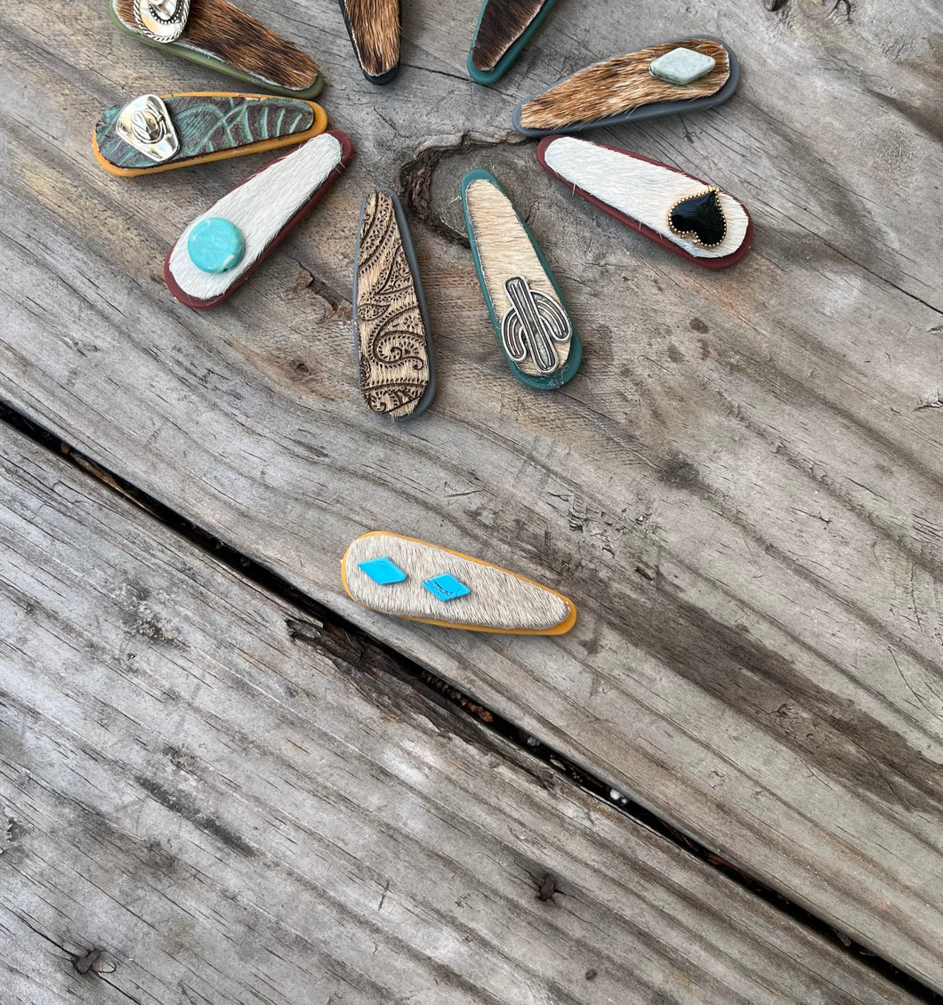 Raw Hide Mustard Barrette - Turquoise Stones