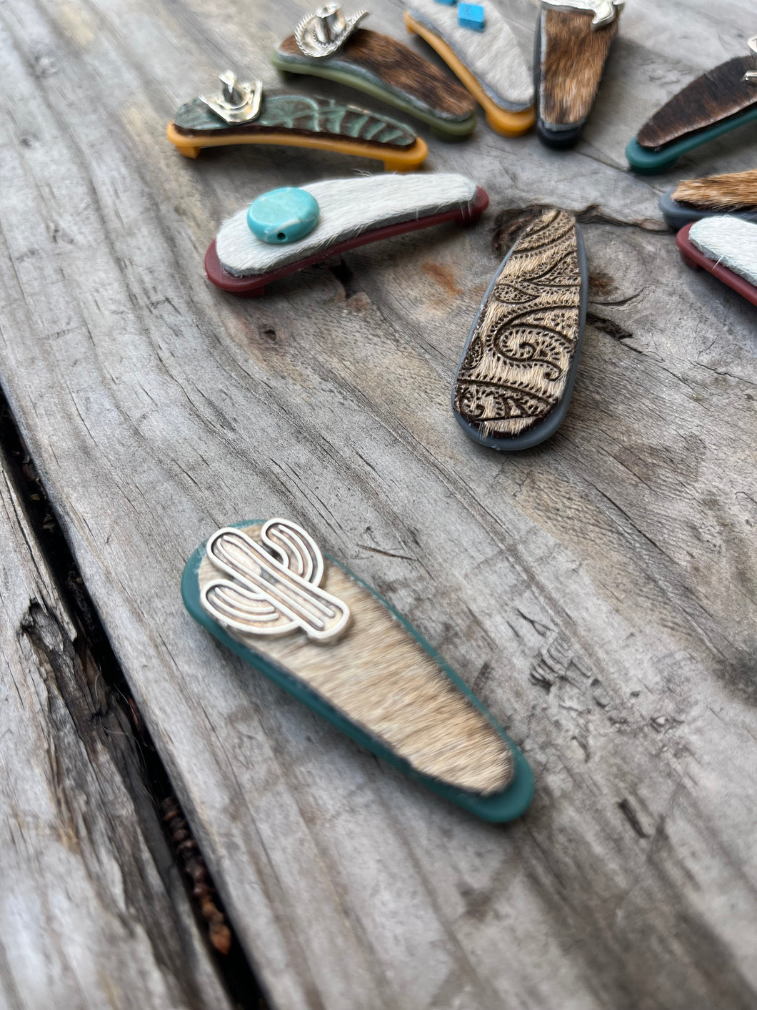 Raw Hide Teal Barrette - Cactus