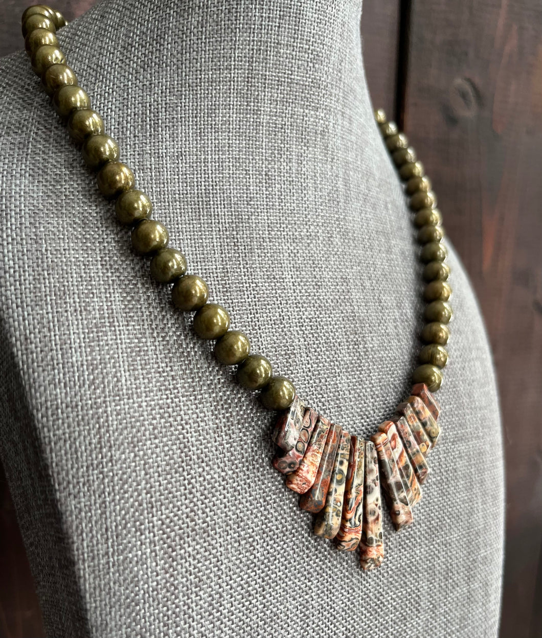 Genuine Copper Bead Necklace with Leopardskin Jasper Stone - 15”