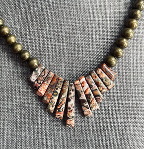 Genuine Copper Bead Necklace with Leopardskin Jasper Stone - 15”