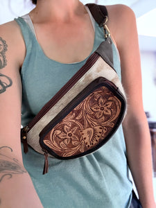 Hair on Hide Hand Tooled Fanny Pack