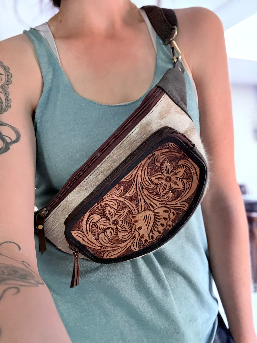 Hair on Hide Hand Tooled Fanny Pack