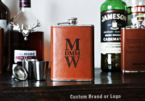 Custom Brand or Logo Flask - 8oz Leather Stainless Steel