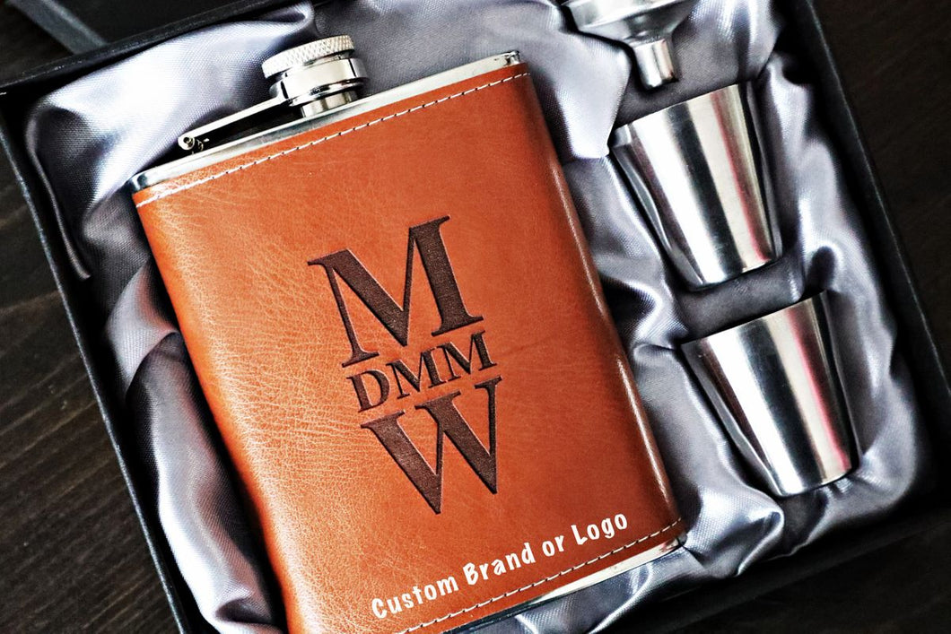 Custom Brand or Logo Flask - 8oz Leather Stainless Steel