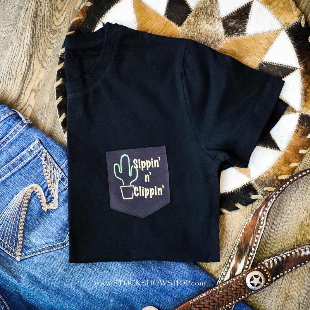 Sippn' N' Clippin' - Black Pocket Tee