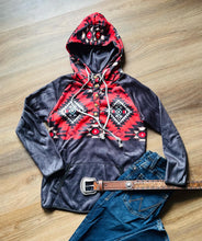 Load image into Gallery viewer, Black/Red Aztec Pullover - lined hood
