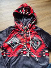 Load image into Gallery viewer, Black/Red Aztec Pullover - lined hood
