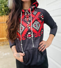 Load image into Gallery viewer, Black/Red Aztec Pullover - lined hood
